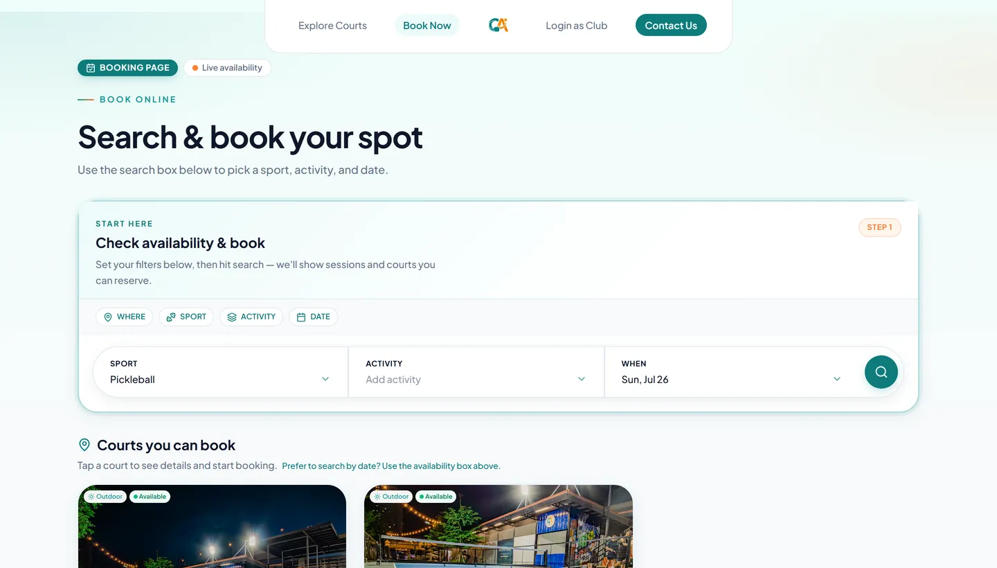 Courtside Alley — online booking search flow