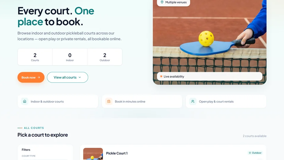 Courtside Alley online booking screen showing live court availability