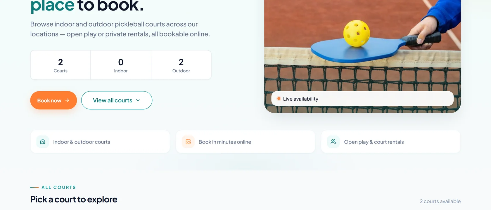 Courtside Alley online booking screen showing live court availability