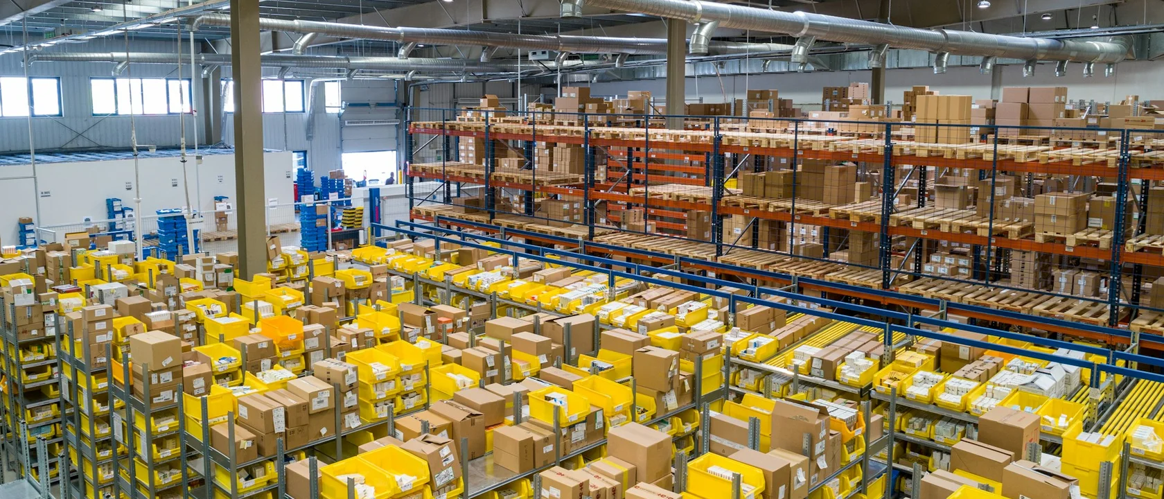 Warehouse aisles of packed orders waiting to move
